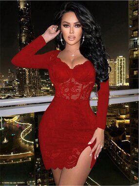 Red Lace Mini Dress Long Sleeve